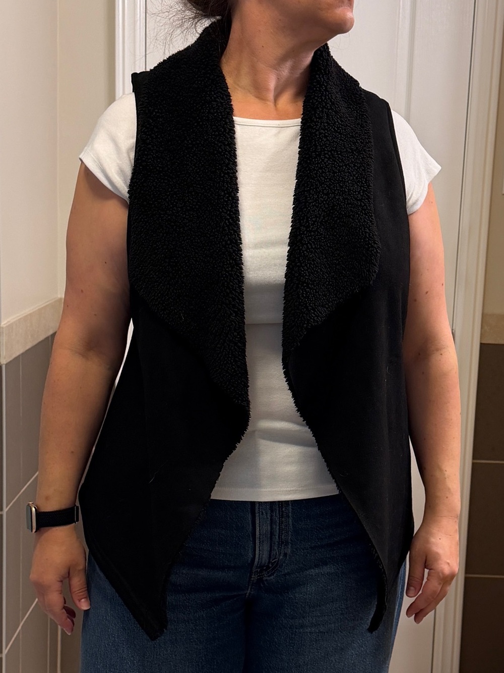 Ralph Lauren Black Sherpa-Trim Open Front Women's Vest